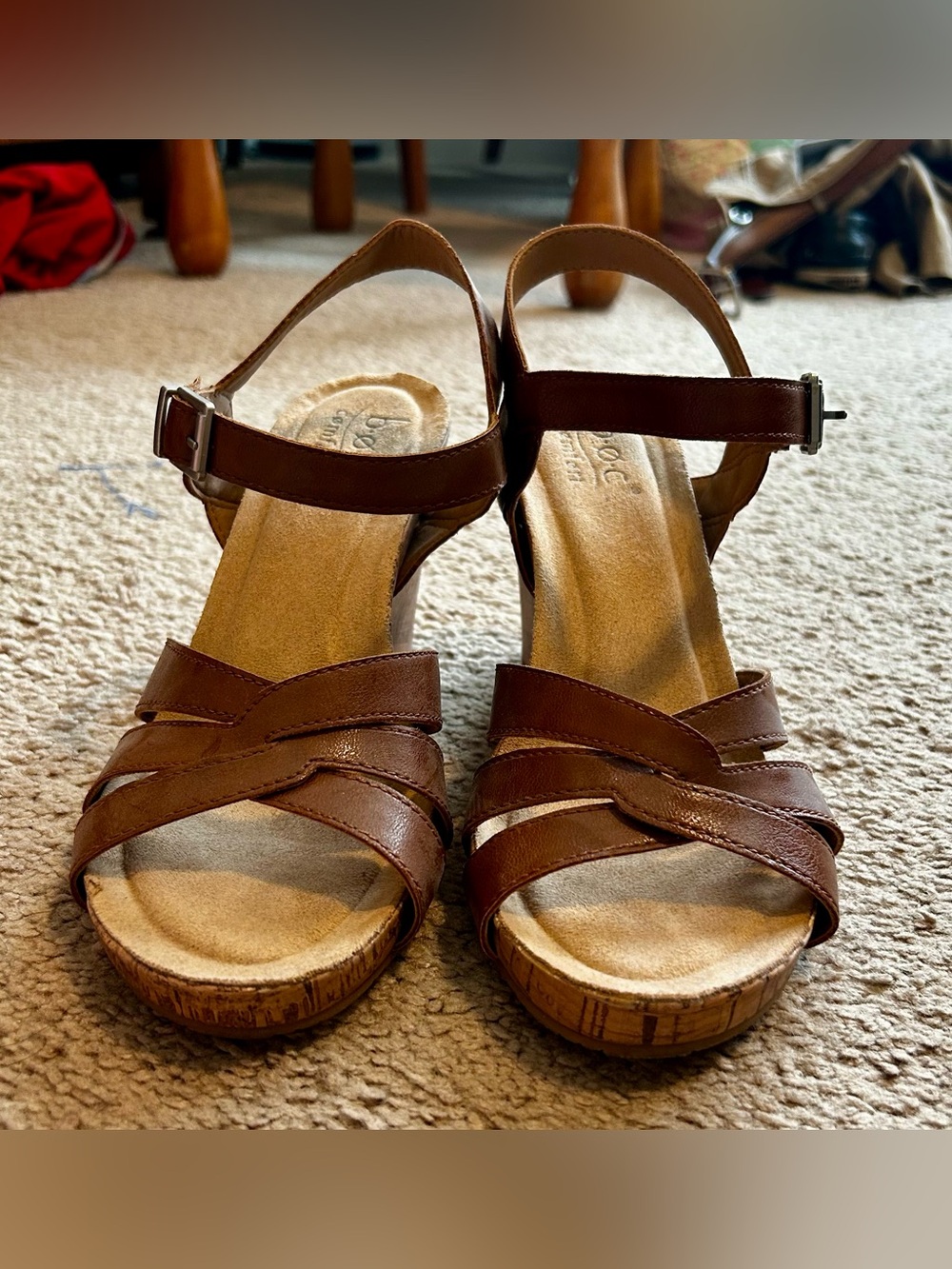 Brown Leather-Look Wedge Sandals with Ankle Strap - Women